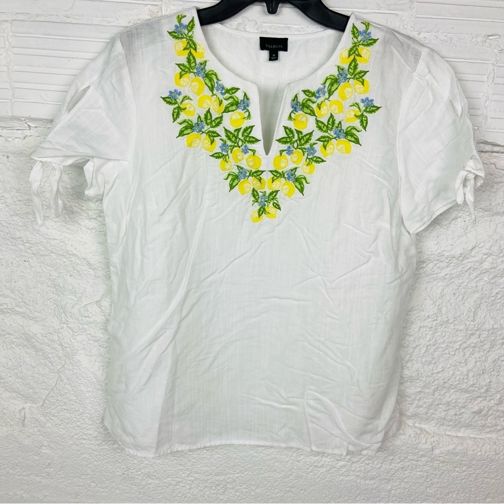TALBOTS white lightweight lemon, embroidered linen cotton summer shirt SZ medium - Picture 5 of 15